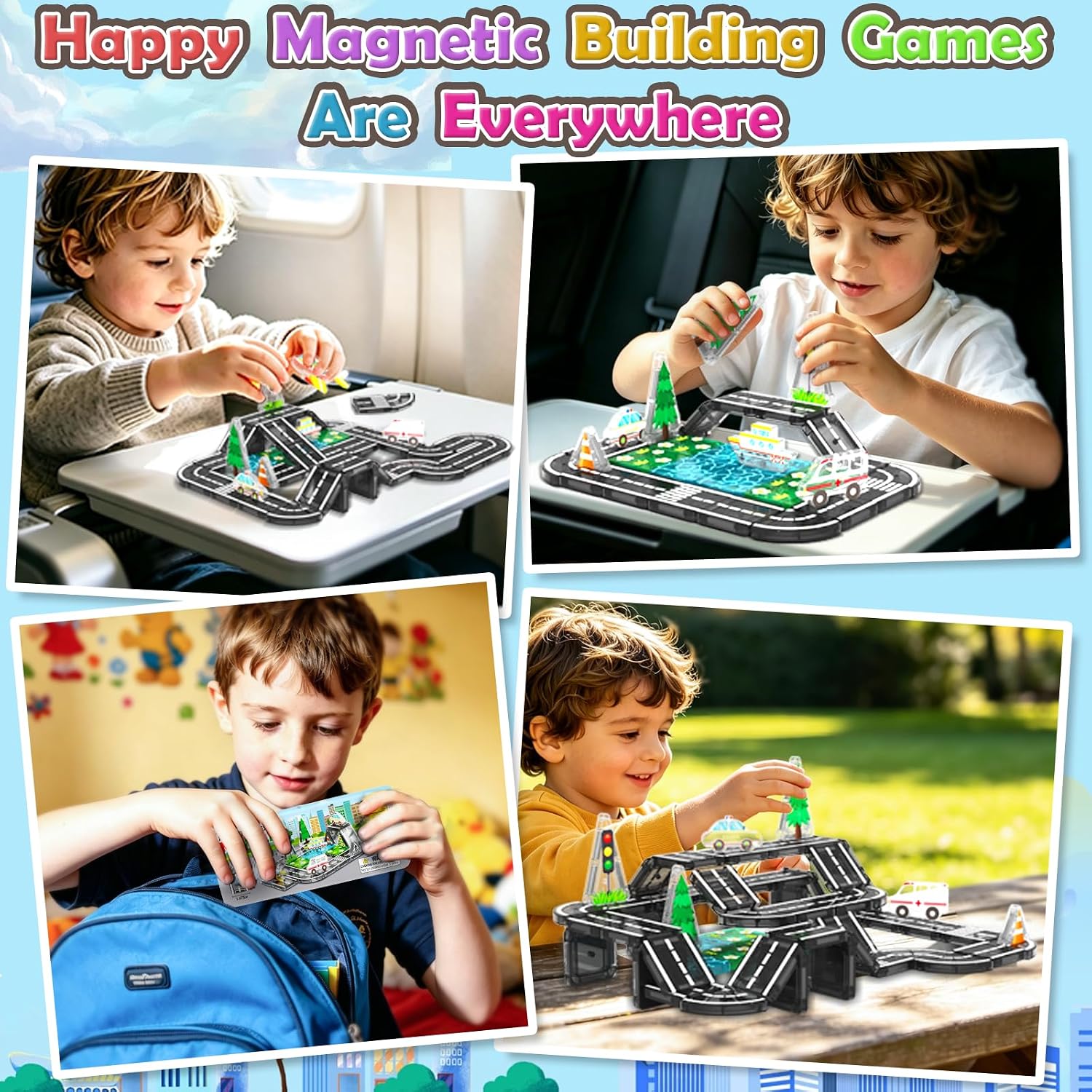 Detalle de Road Mini Magnetic Tiles with Case – Travel Toys for 3+ Year Old Boys and Girls