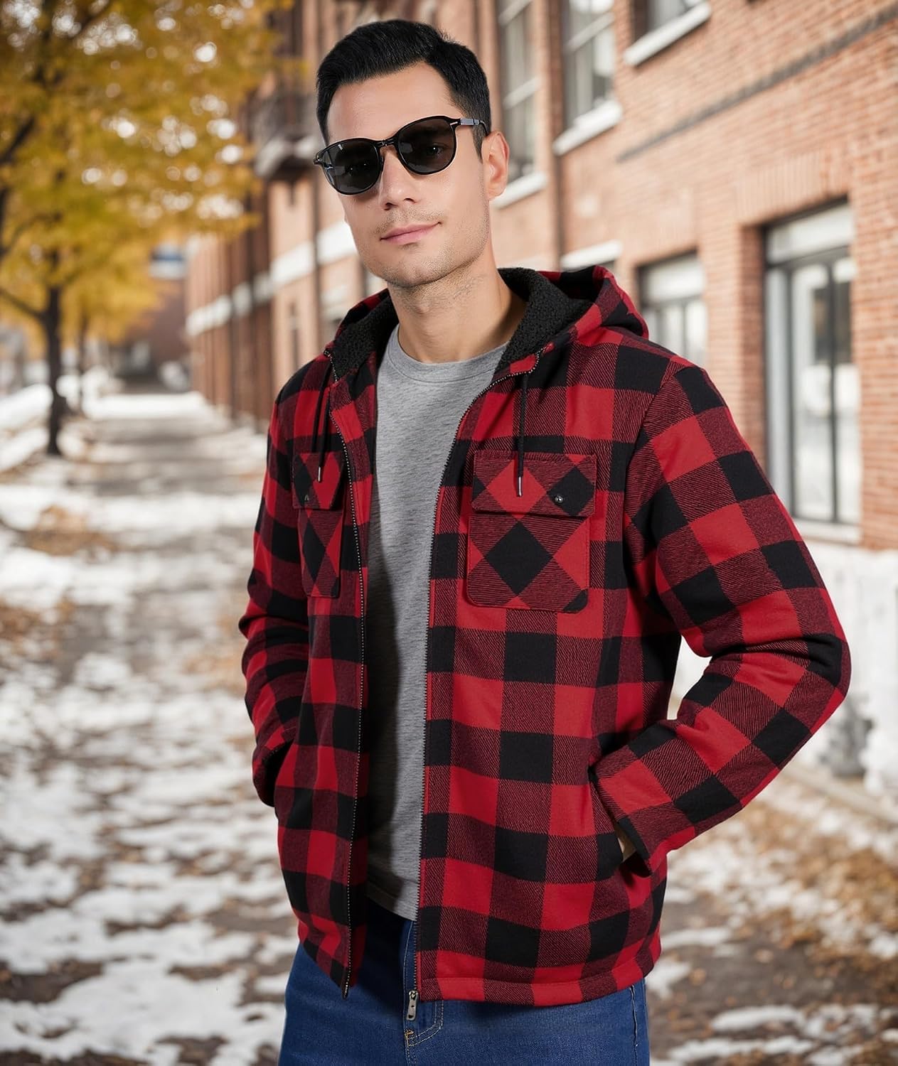 Detalle de JACKETOWN Herren Fleecejacke Flanell Hemdjacke mit Kapuze – warme kariert Übergangsjacke für Herbst und Winter
