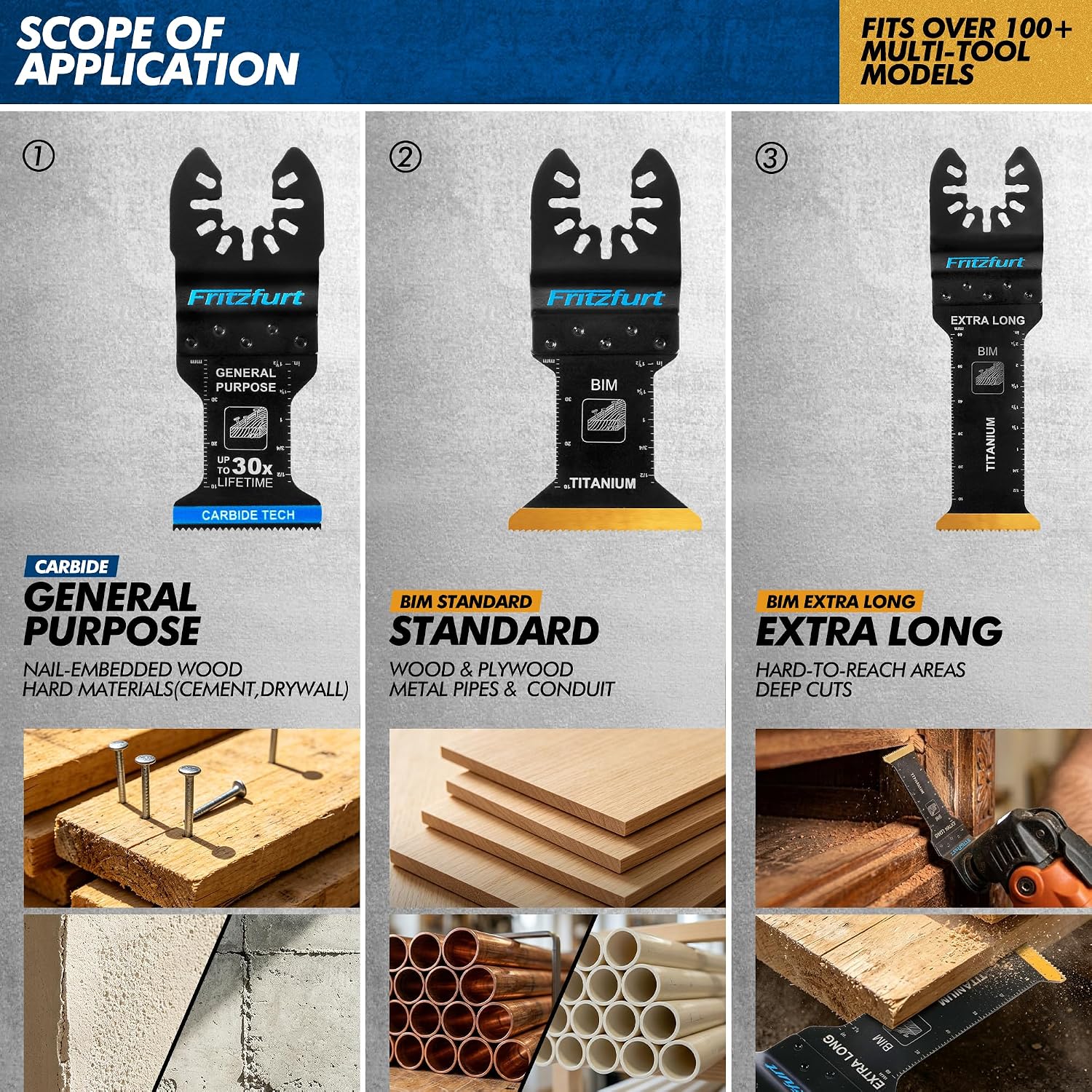 Detalle de FRITZFURT 3-Piece Oscillating Multi-Tool Blade Kit with Carbide and Titanium Blades