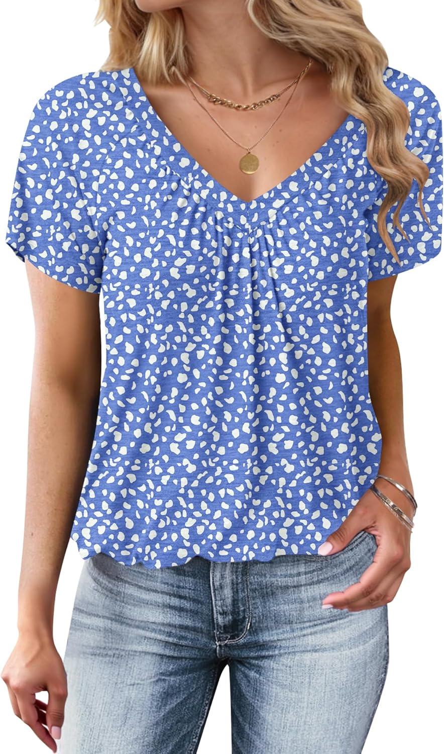 Thumbnail 5 de WNEEDU Damen Sommer T-Shirt: Basic V-Ausschnitt mit plissiertem Frontmieder