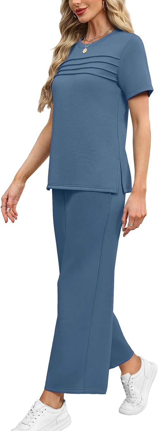 Detalle de WIHOLL Two Piece Sets for Women - Lightweight Summer Lounging Set with Side Slit Top & Wide Leg Pants