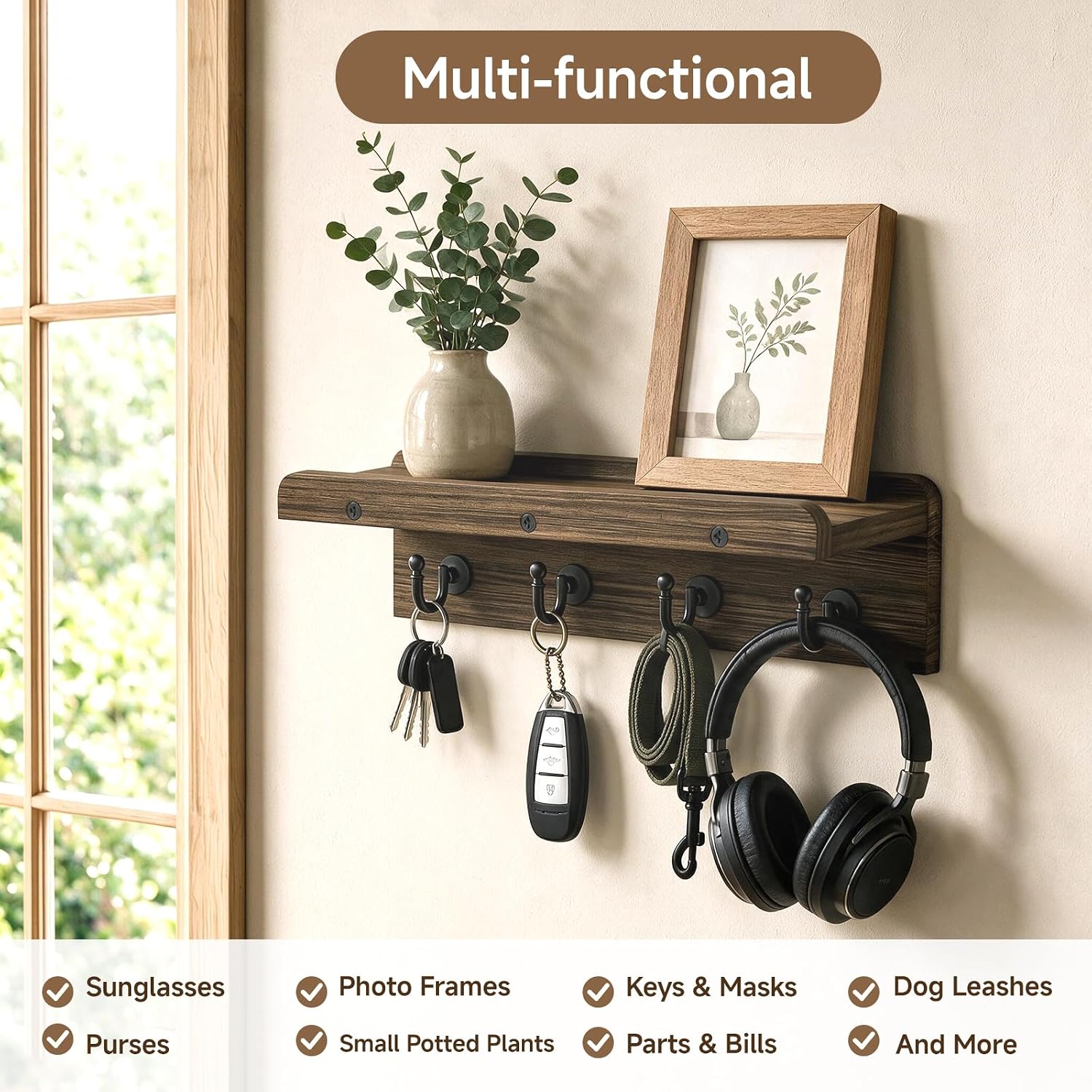 Detalle de KISENG KH-mini-zhiban Wall-Mounted Key and Mail Organizer, 4 Hooks, Wood