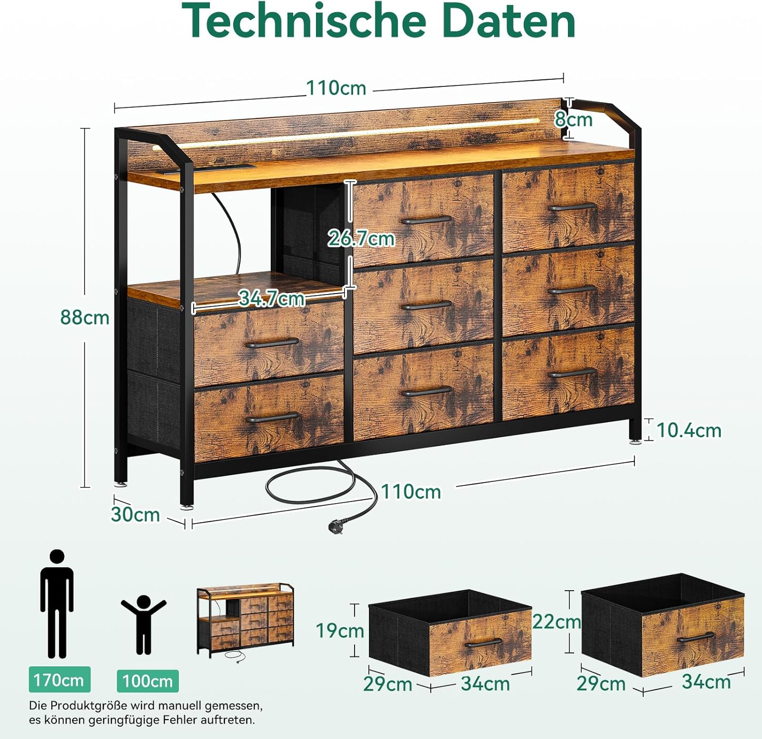 Detalle de ODK Kommode mit 8 Stoffschubladen, LED-Lichtstreifen (10 Farben) und 2 USB/2 AC Steckdosen – 110×30×88 cm Vintage