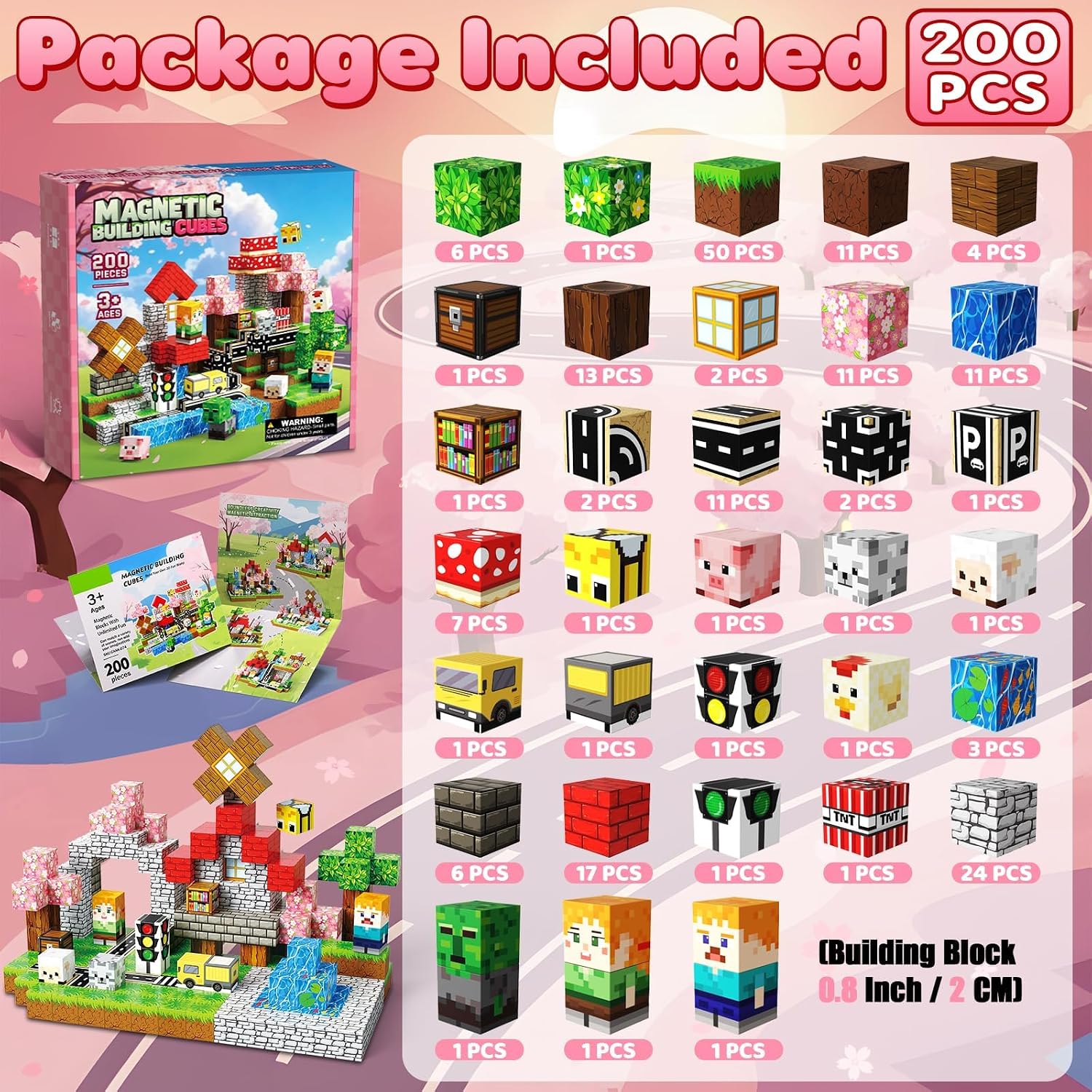 Detalle 2 de Magnetic Blocks 200PCS – Pink Sakura Traffic 0.8in for Kids 3+