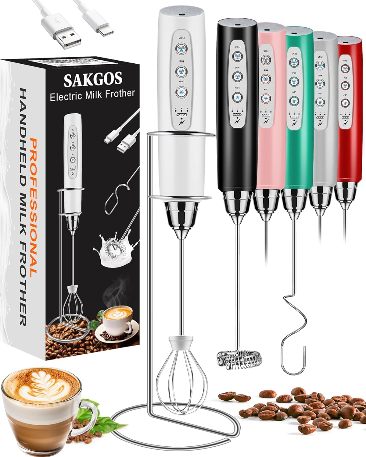Sakgos Milk Frother with Stand (Rechargeable Handheld, 3 Stainless Whisks, 3 Speeds)