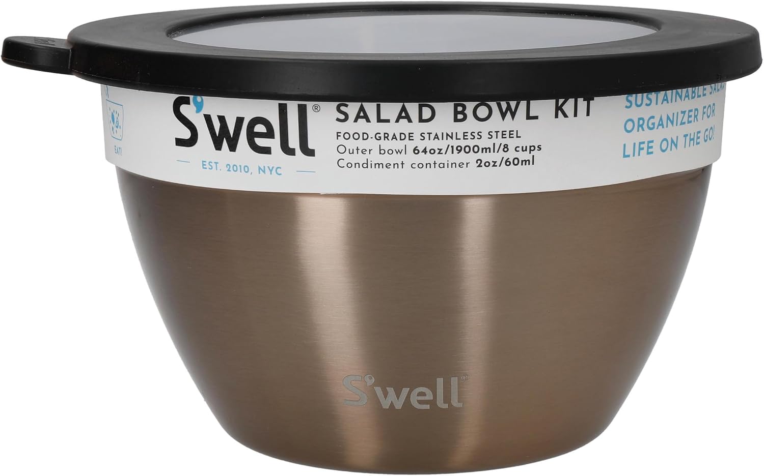 Detalle de S'well Pyrite Salad Bowl Kit, 1.9L Stainless Steel with Removable Tray