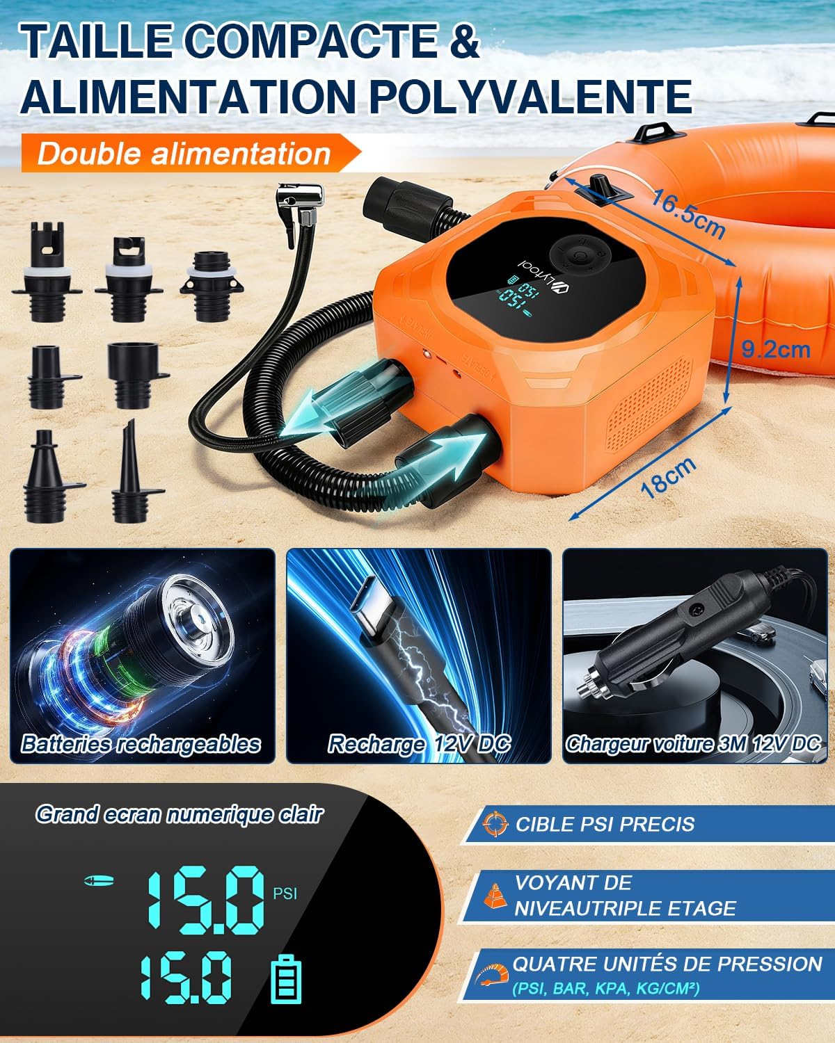 Detalle de Pompe SUP électrique 50 PSI Lytool, gonflage/dégonflage automatique (3 étages) avec batterie 12000 mAh et 12V DC