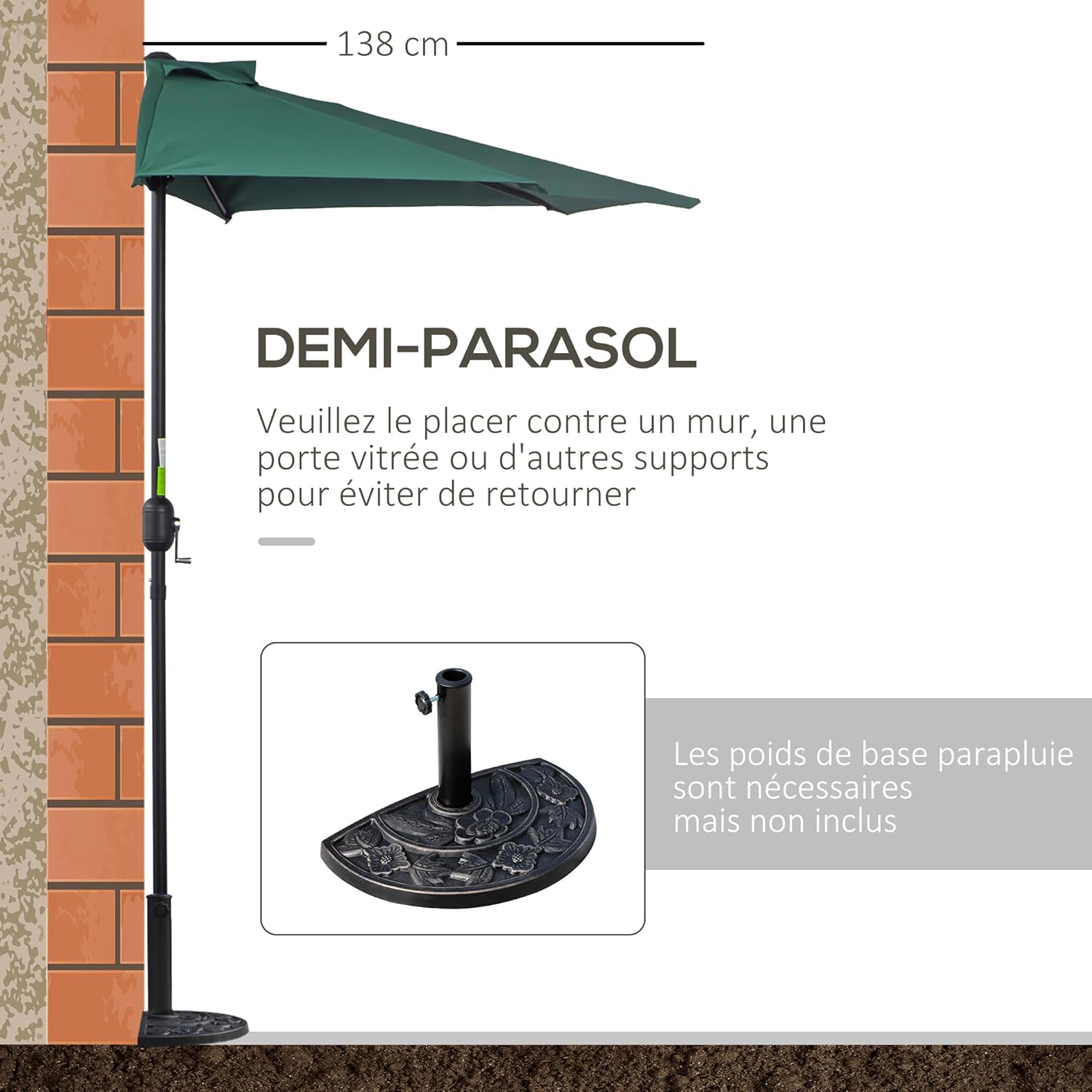 Thumbnail 3 de Outsunny Demi-Parasol Ø 2,7 m pour balcon — parasol robuste en polyester