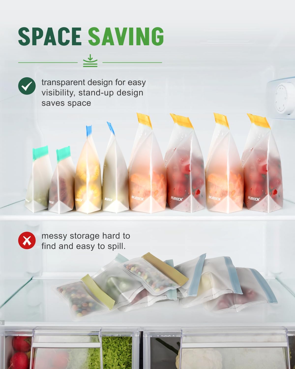Detalle de IDEATECH 24 Stück Gefrierbeutel Wiederverschließbar – BPA-frei PEVA Beutel mit Standboden, in 3,0 L / 2,5 L / 1,25 L / 0,625 L