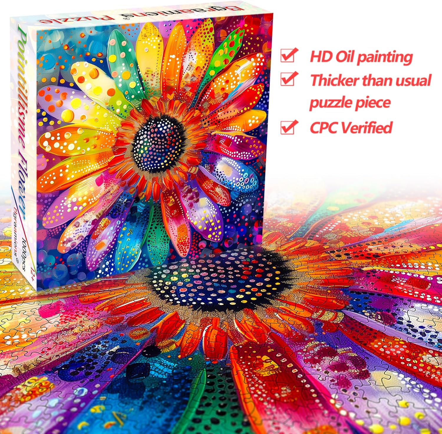 Detalle 2 de Bgraamiens Rainbow Pointillisme Gerbera Flower 1000-Piece Jigsaw Puzzle