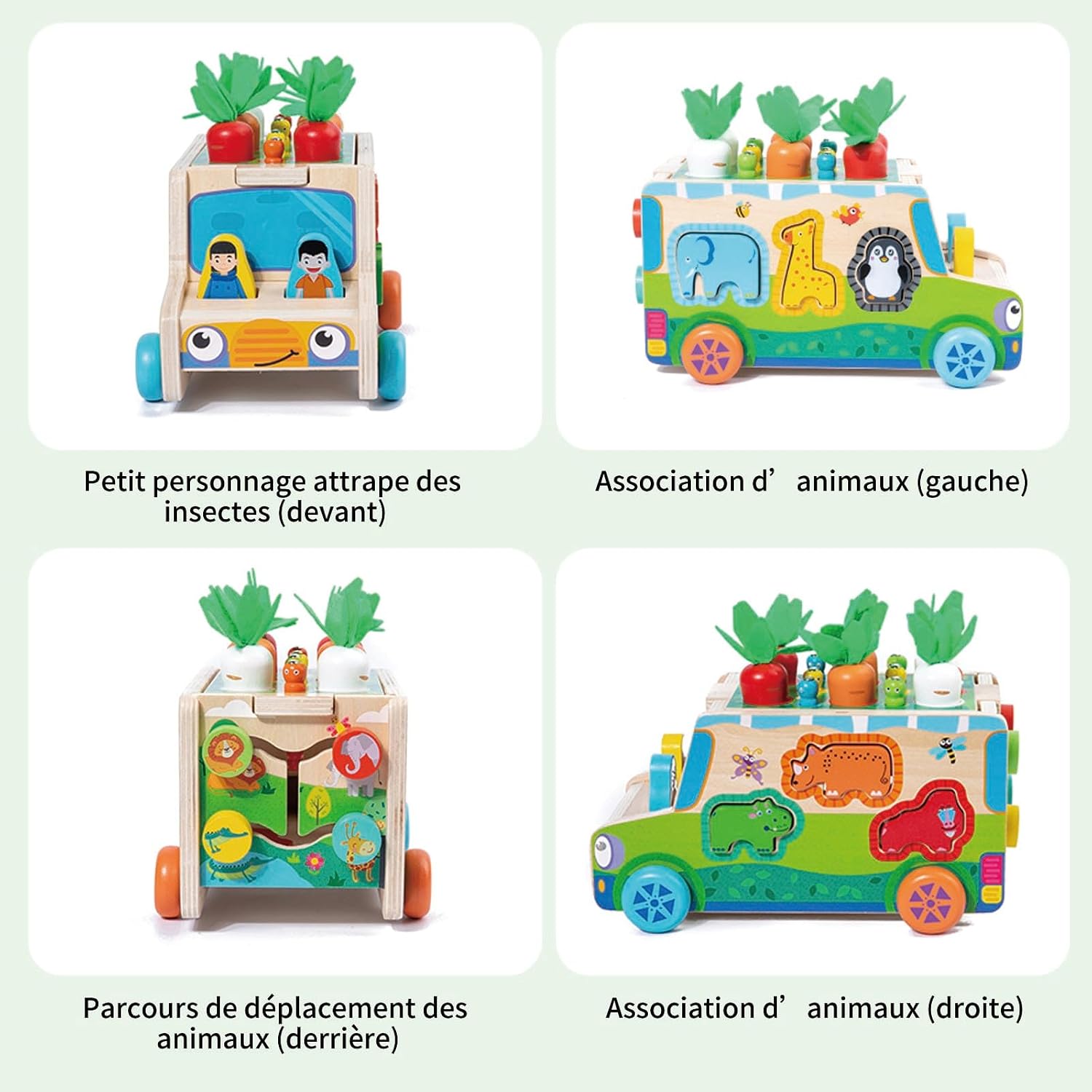 Detalle 2 de KUKUTrue 001 Montessori-houten speelgoedset met auto, dieren en radijsjes