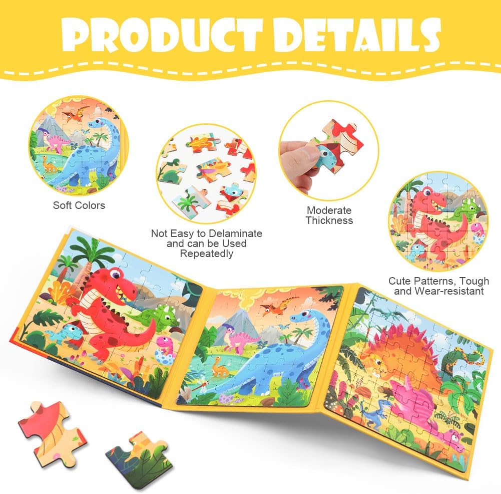 Detalle de Puzzle magnetici Aolso in scatola-latta per bambini 3-7 anni: gioco Montessori con dinosauro e animali