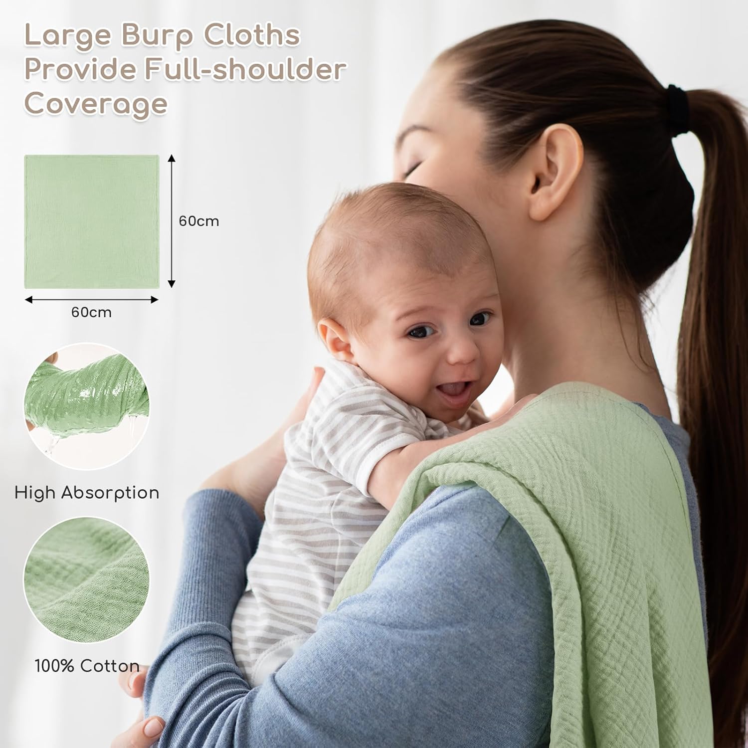 Detalle 2 de Yukkidds 60x60cm Muslin Cloths for Baby – 5 Pack, 100% Cotton Burp Cloths (Green Leaf)