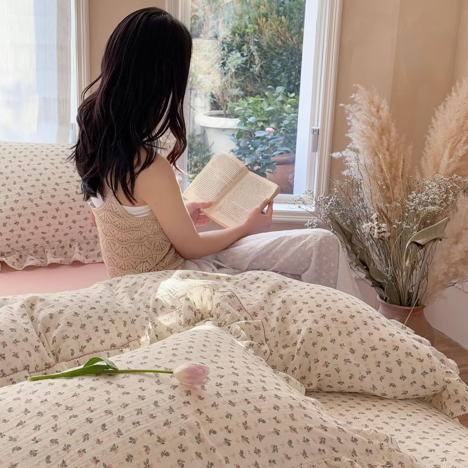 Detalle de BuLuTu BLT-KID-ST-BL-T Twin Muslin Cotton Duvet Cover Set, Floral Print