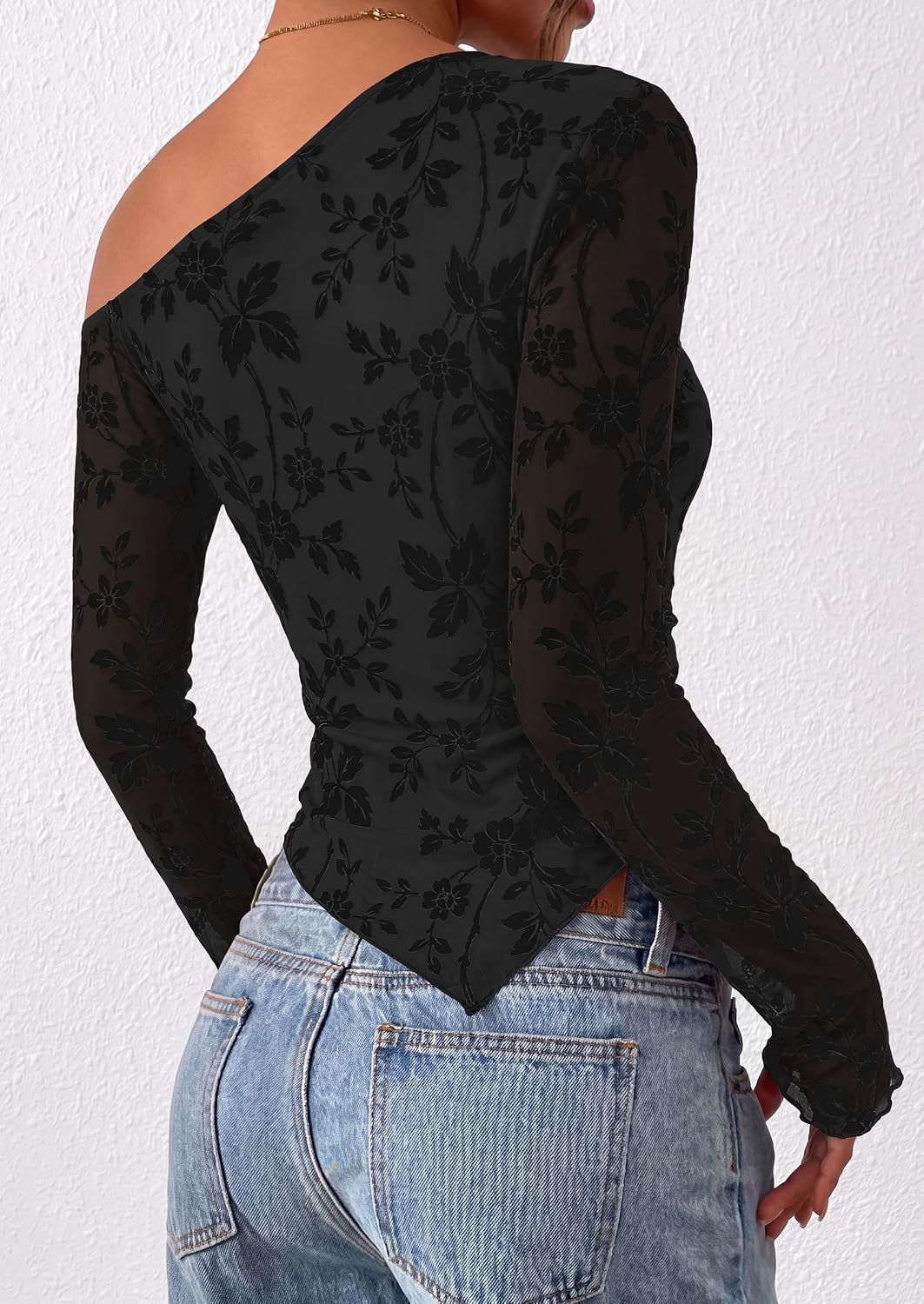 Thumbnail 4 de PRETTYGARDEN Off-Shoulder Mesh Top, Long Sleeves, Floral Tie-Dye, Asymmetrical Hem