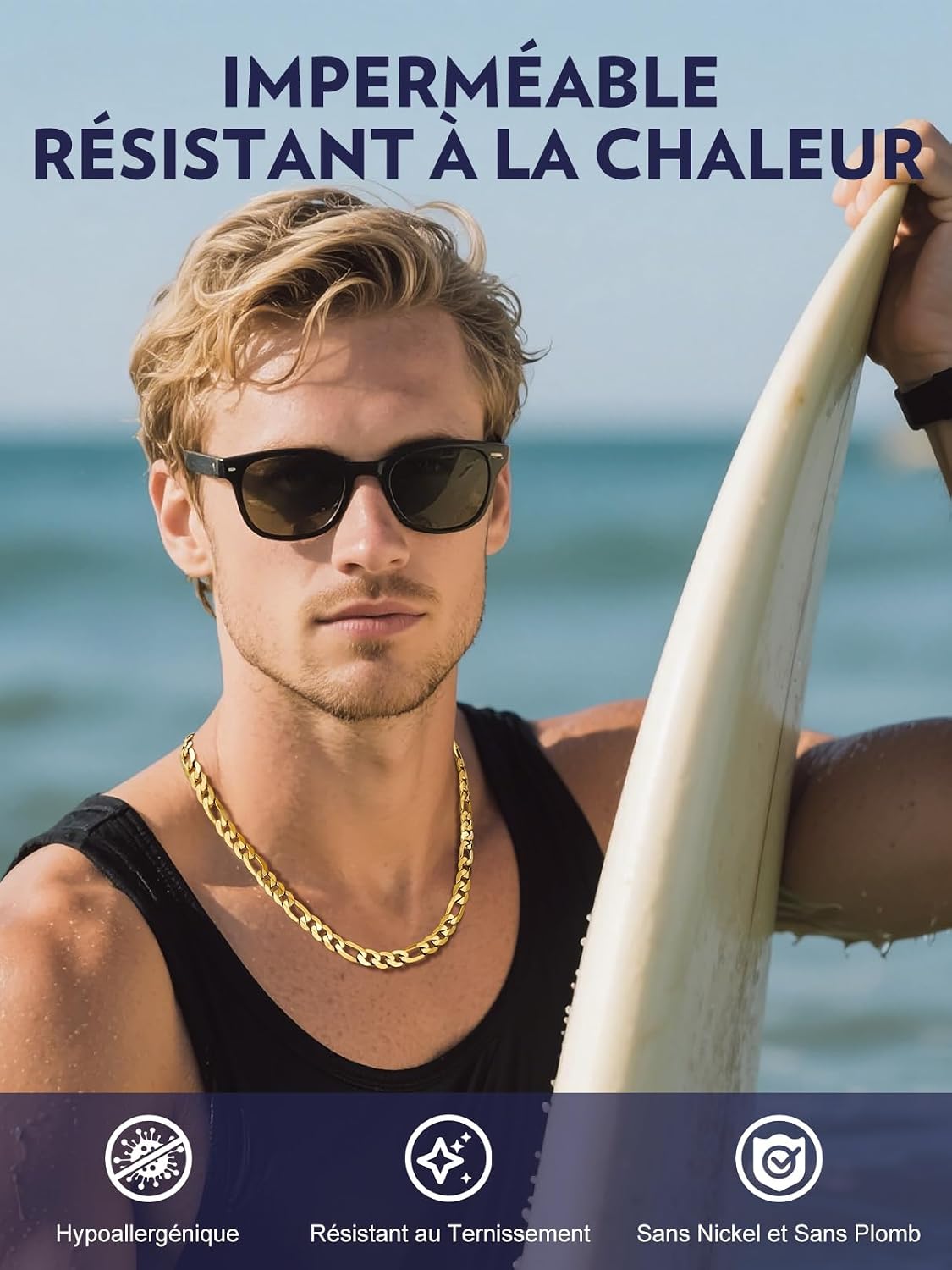 Detalle de Bandmax Chaîne Figaro 3 en 1 acier inoxydable 316L plaqué or 18 carats – collier homme / femme