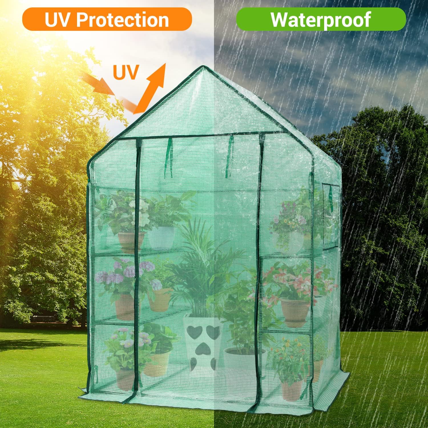 Detalle de Ohuhu GGH-02 Walk-In Greenhouse, 4 Shelves, Mesh Windows, PE Cover