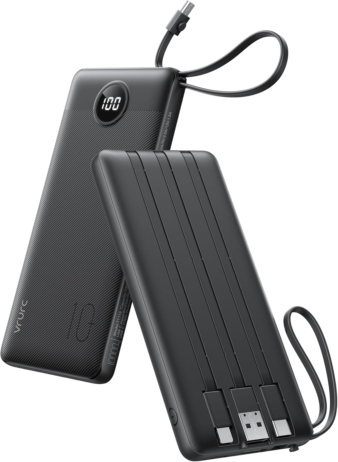 Detalle de VRURC T1116 10,000mAh Portable Charger with Built-In Cables and LED Display