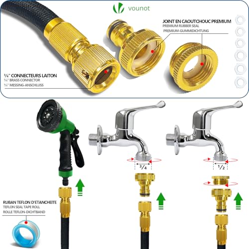 Detalle de VOUNOT Tuyau d'Arrosage Extensible 30 m Renforcé Adaptable 1/2" et 3/4" – 10 Modes de Pulvérisation