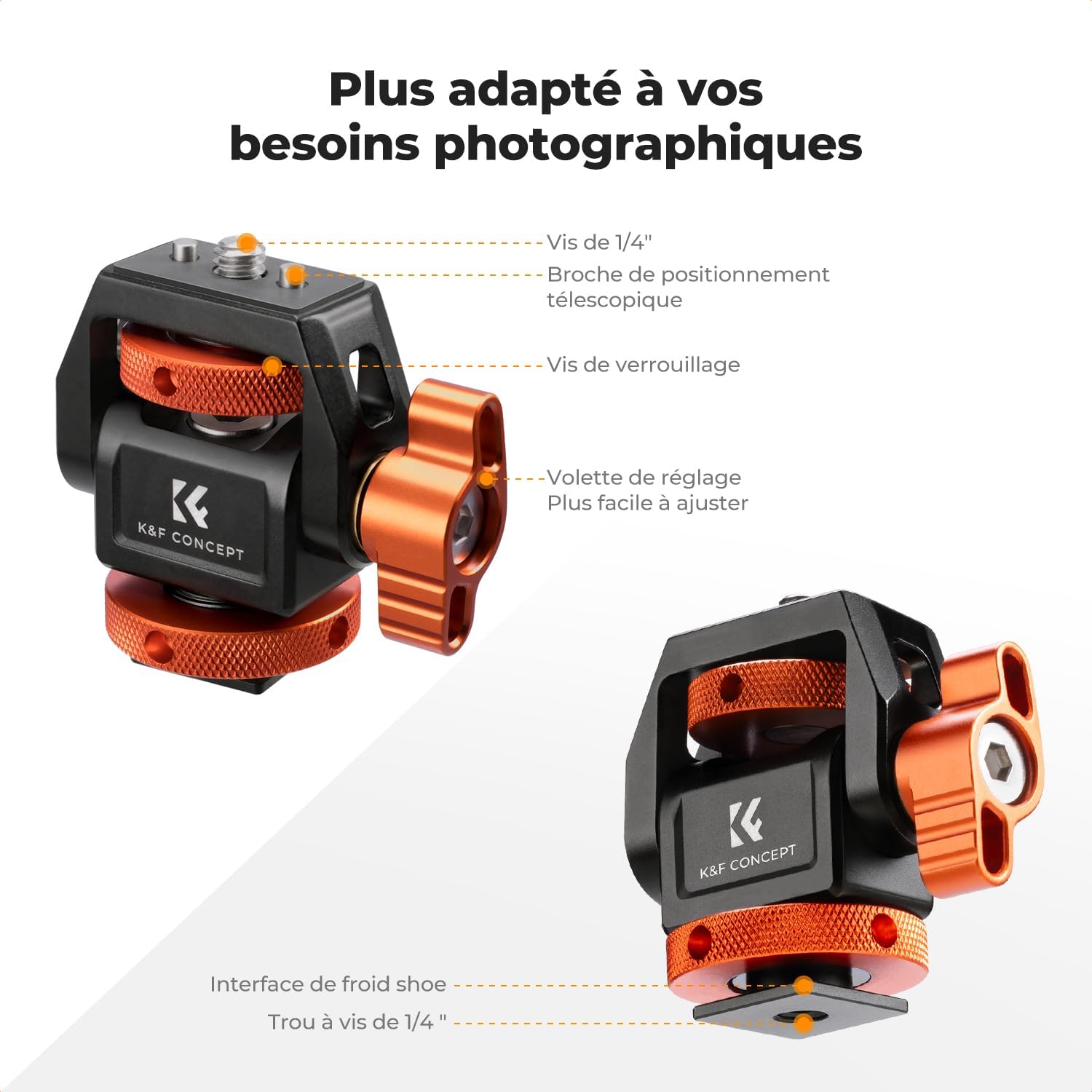 Detalle de K&F CONCEPT Support de moniteur aluminium pour cage caméra (1/4” & Cold Shoe ARRI), inclinable 180° et rotatif 360°