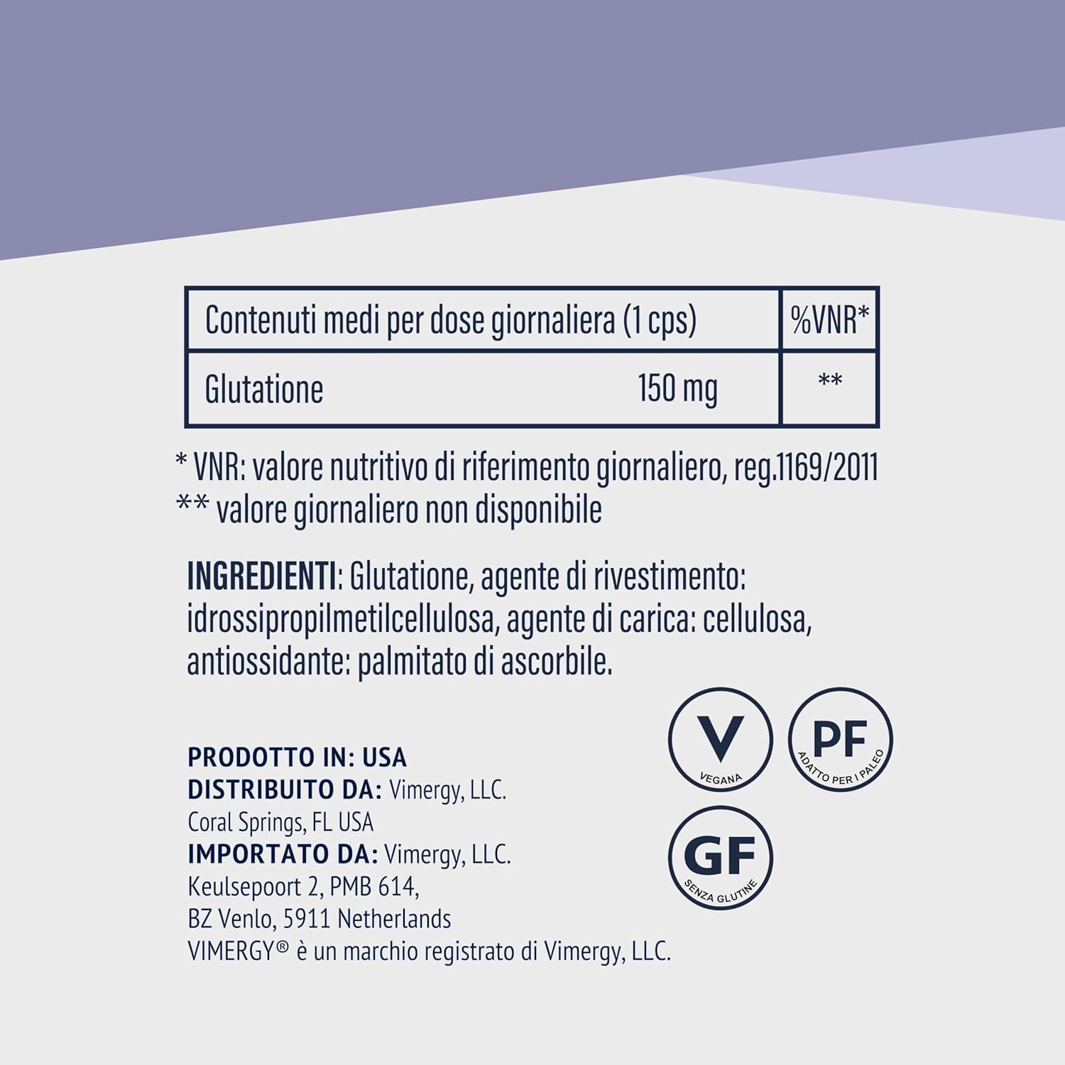 Detalle 2 de Vimergy Glutatione Capsule da 150 mg – 60 dosi, integratore vegano di glutatione ridotto