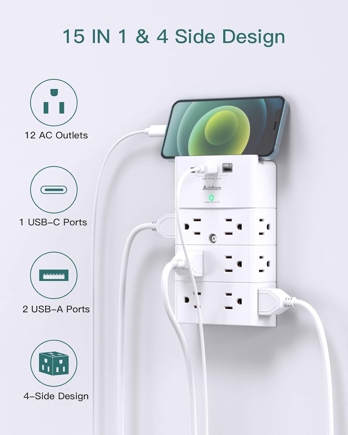 Detalle de Addtam AD5008 Wall Outlet Extender, 12 AC Outlets and 3 USB Ports