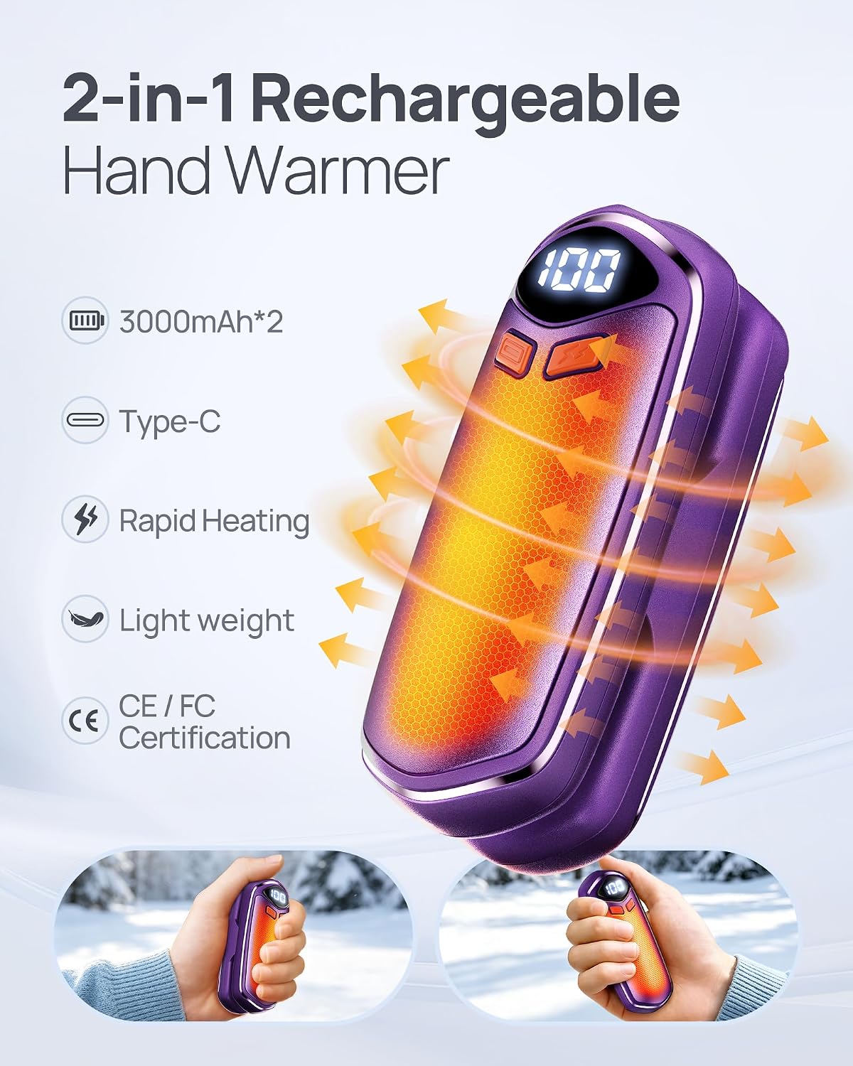 Detalle 2 de DeeKom Rechargeable Hand Warmers, 2-Pack with Adjustable Heat and Display