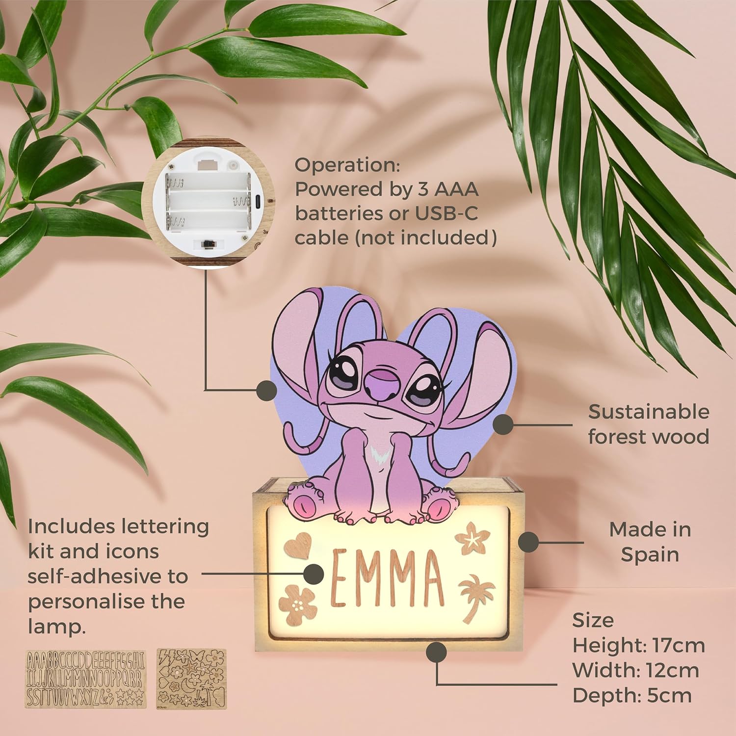 Detalle de WONDEE Offizielle Disney Lilo Stitch personalisierte Lampe – Nachtlicht aus Holz mit Buchstaben-Set
