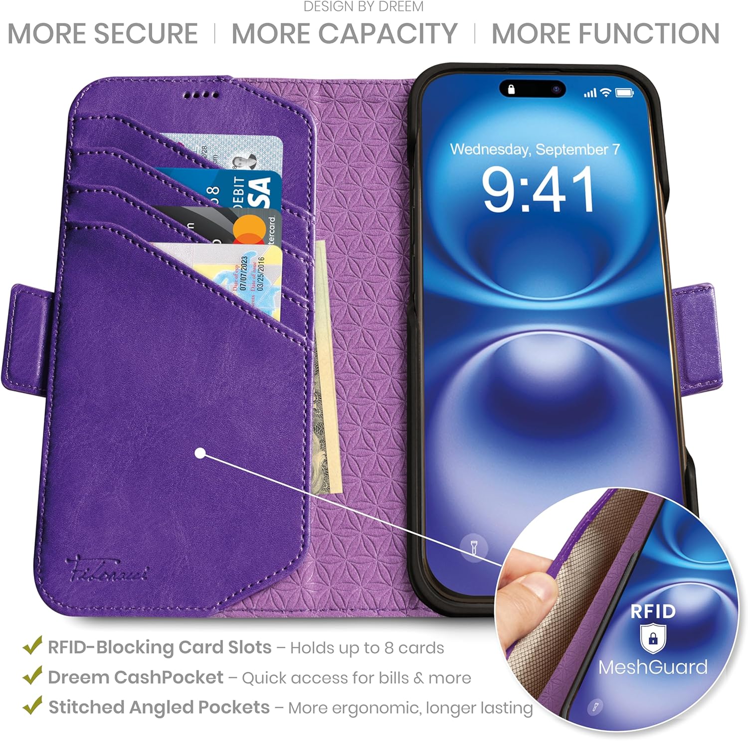 Detalle 2 de Dreem Lederhülle für iPhone 16 – Revolutionärer Ständer, abnehmbare Wallet und RFID-Schutz
