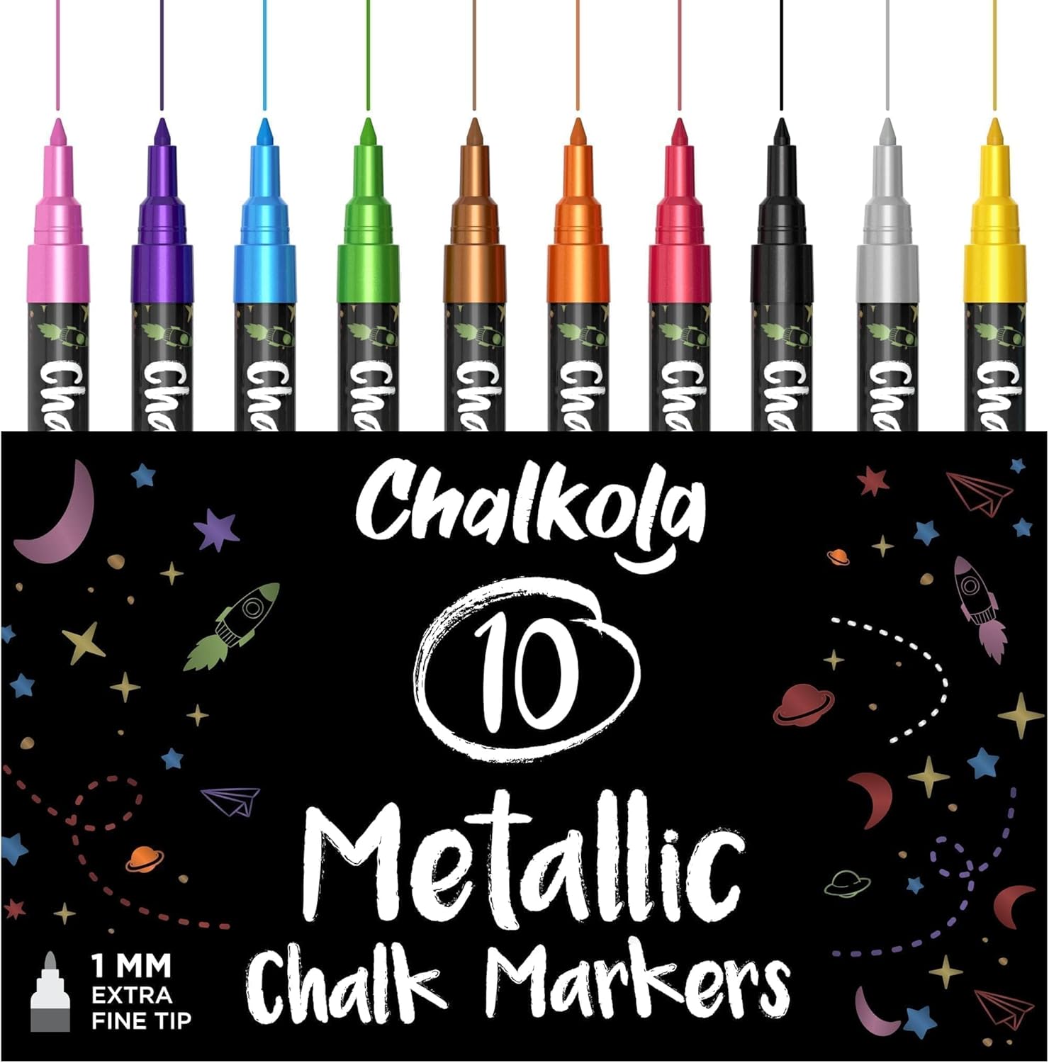 Extra Fine Tip Metallic Chalk Pens (10 Pack, 1mm) – Liquid Wet Wipe Markers for Blackboards, Windows & Menus