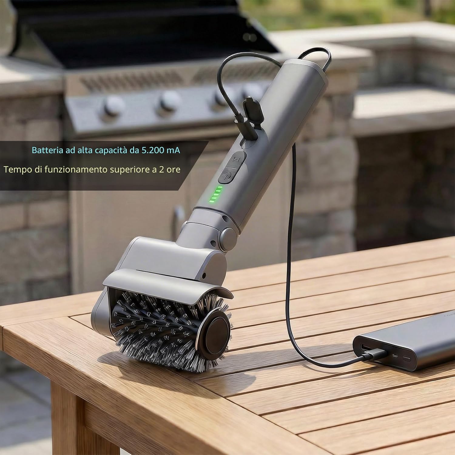 Detalle de Kit Spazzola Barbecue Elettrica 3-in-1 – Pulitore BBQ Senza Fili, 450 Giri/min, IPX7, 2 Ore di Autonomia