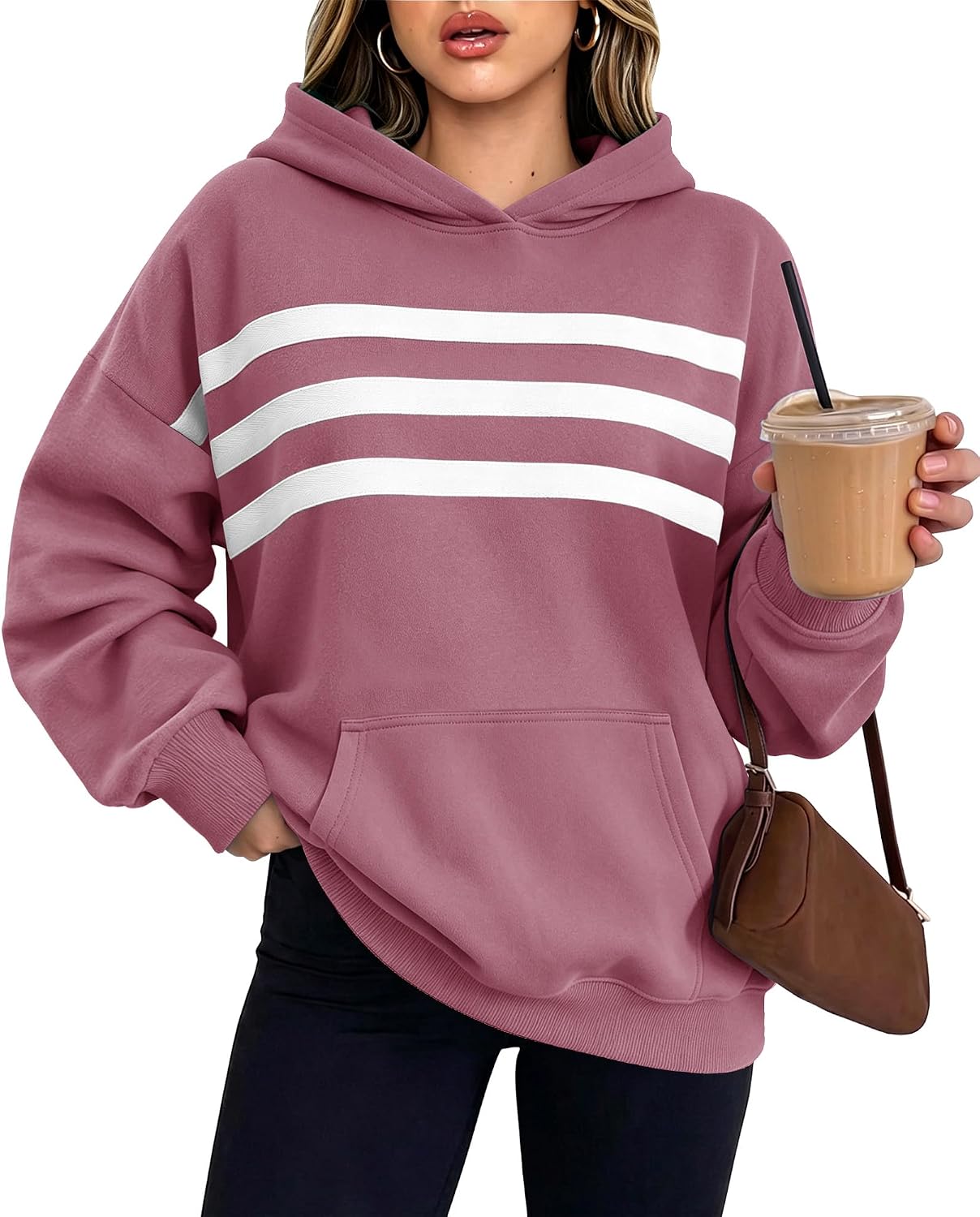 Thumbnail 6 de onlypuff Women's Striped Oversized Fleece Hoodie Pullover