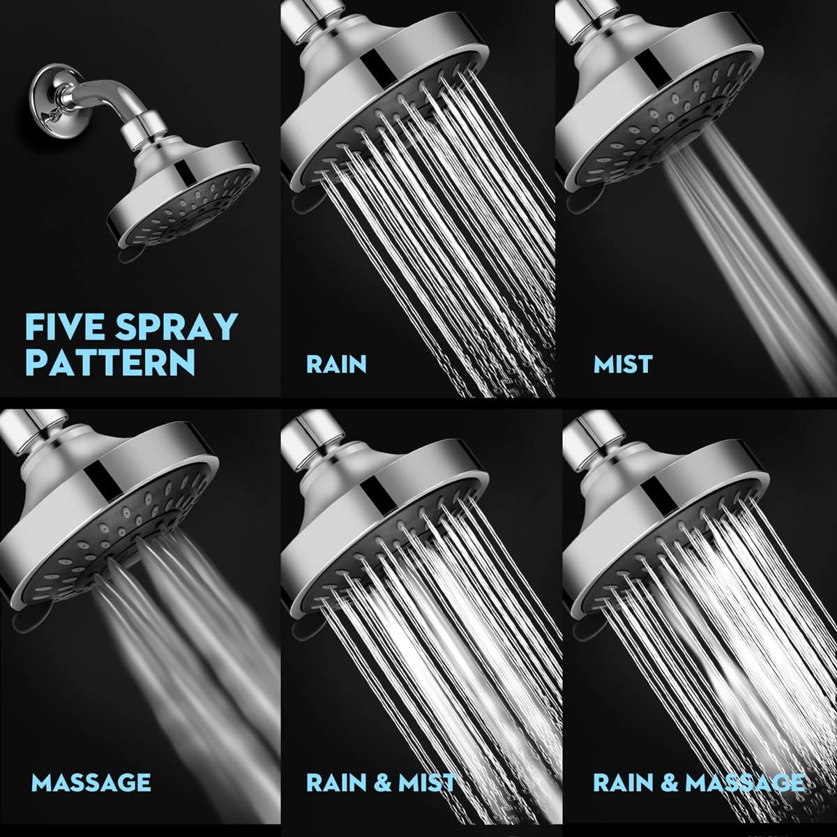 Detalle de WarmSpray 22F21652 Fixed Shower Head, 5 Spray Settings, 4-Inch Chrome