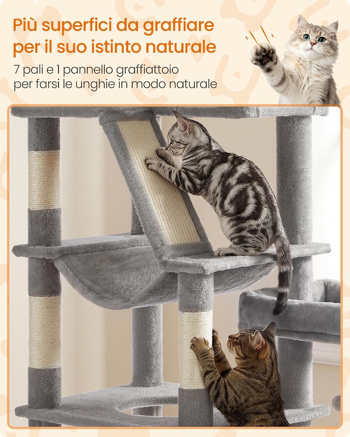 Detalle de Feandrea Grand Arbre à Chat multi-niveaux – Clawfy PCT016G101, Gris Clair