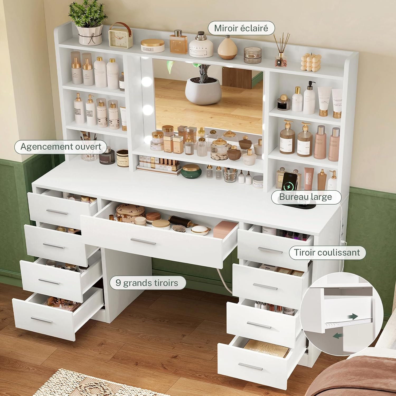 Detalle 2 de TEENFON 9 lad kaptafel met ledspiegel, 9 lades en 7 planken, wit
