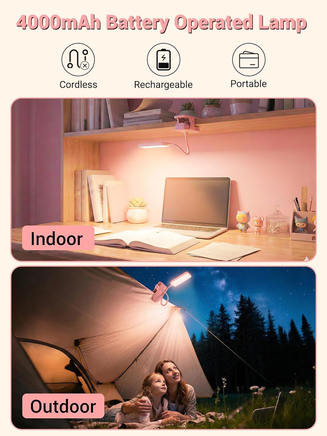 Detalle 2 de ReinHoo MW03 Pink Clip-On LED Desk Lamp, Rechargeable 4000mAh