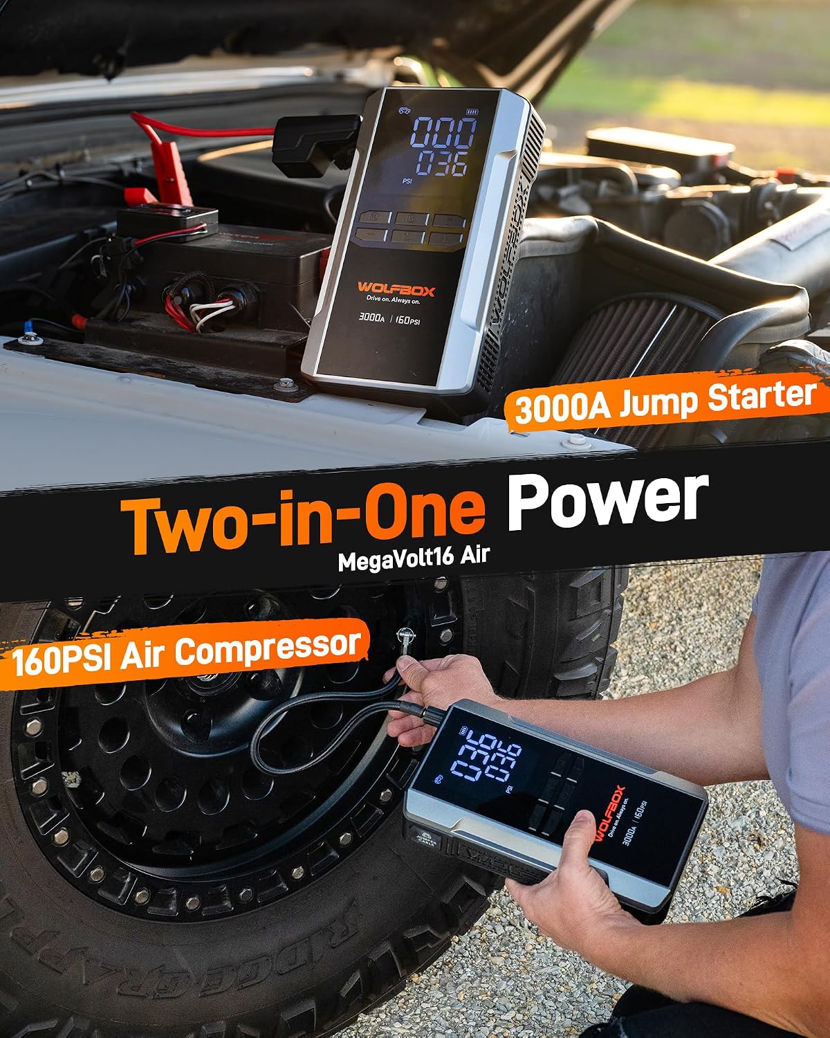 Thumbnail 1 de WOLFBOX 3000A Jump Starter Power Pack with Air Compressor (12V) with 65W Fast Charge