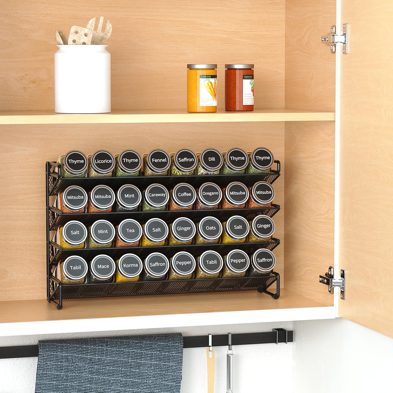 Detalle de SpaceAid SpaceAid Spice Rack Organizer (32 Glass Jars + Labels, Chalk Marker & Funnel) for Cabinet, Countertop, Pantry