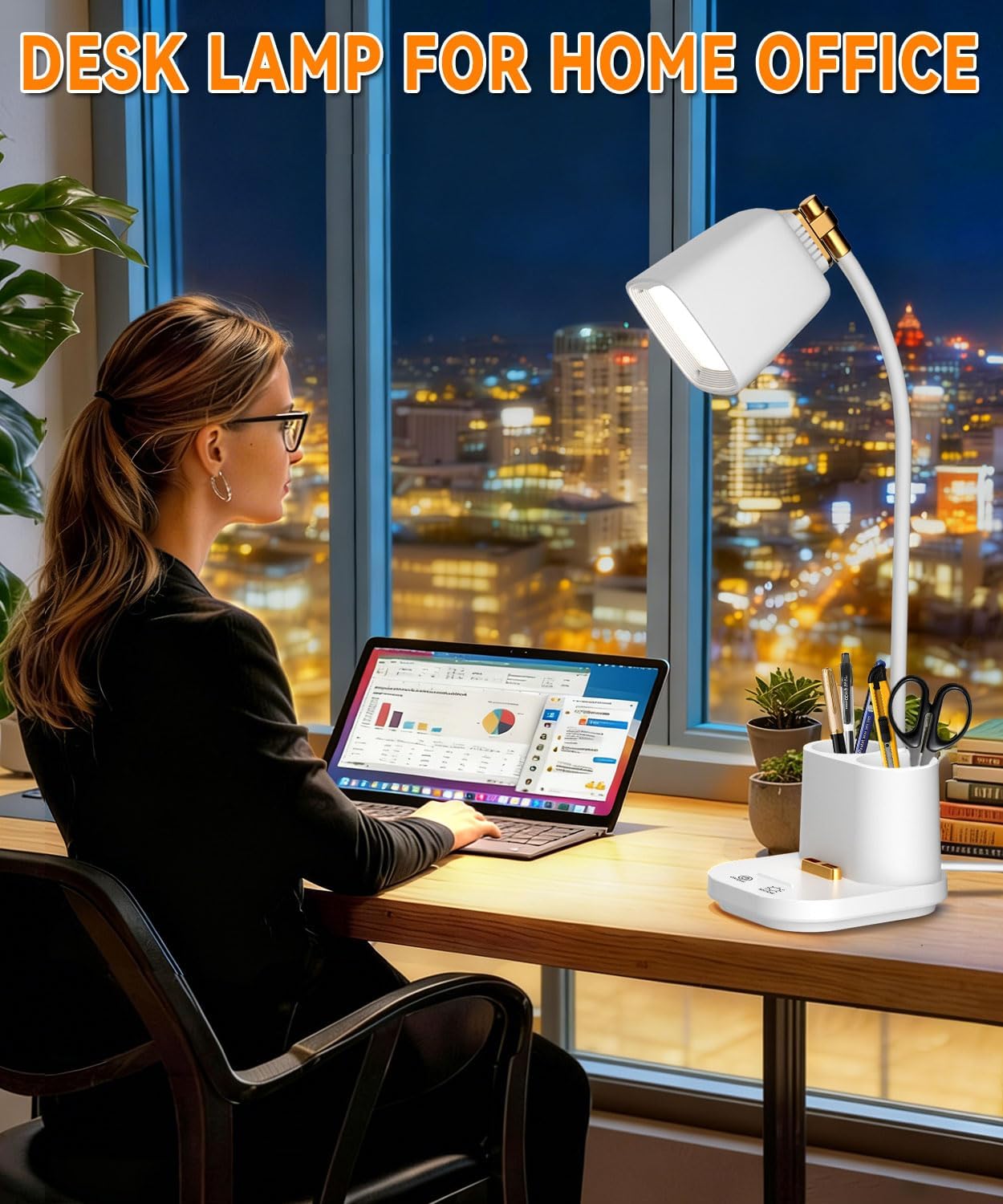 Detalle de Hifireelf LED Desk Lamp with Gooseneck, USB Ports and Pen Holders
