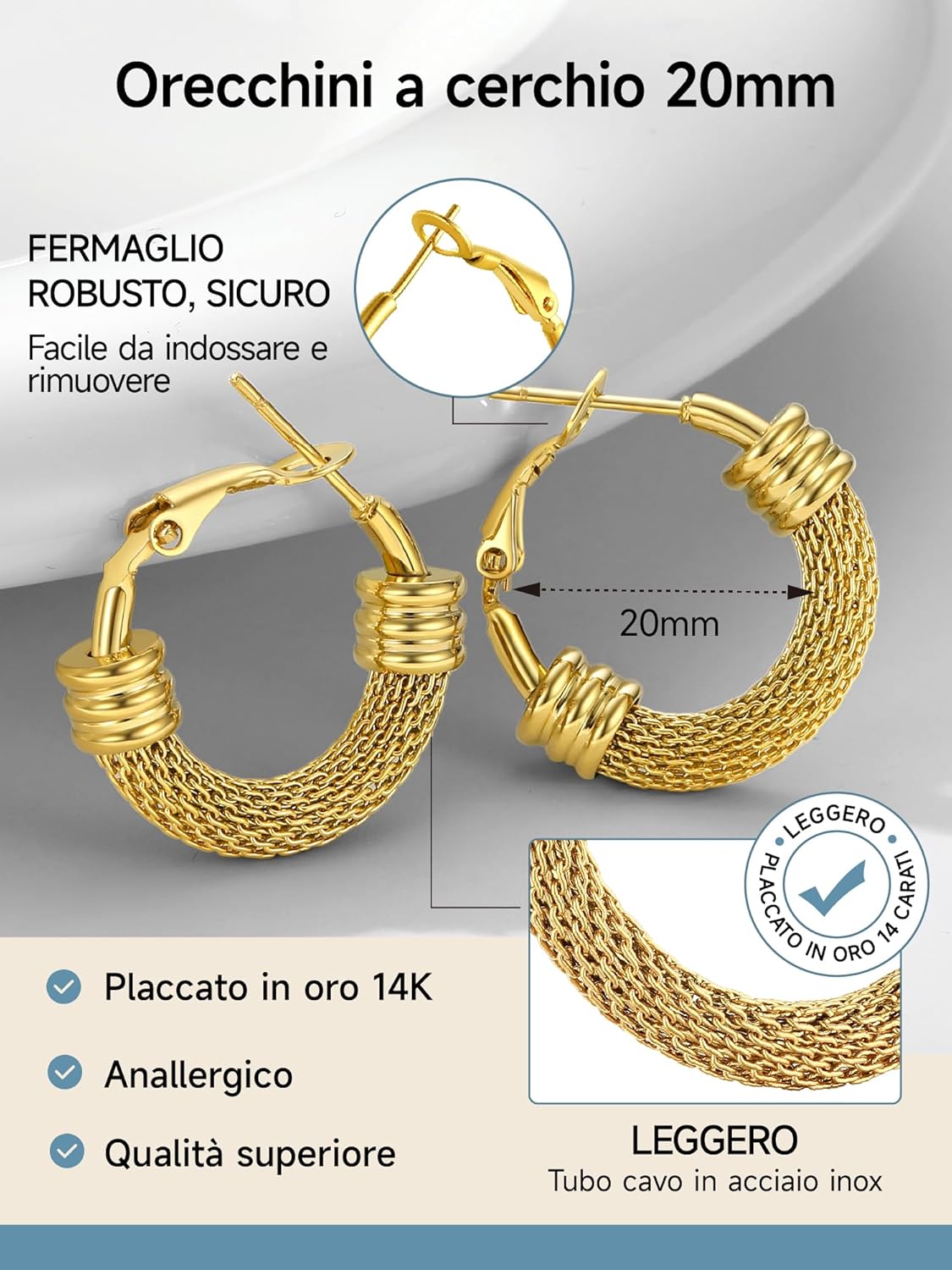 Thumbnail 2 de PROSTEEL orecchini a cerchio a maglia metallica in acciaio ipoallergenico 20–80 mm (argento, nero, oro)