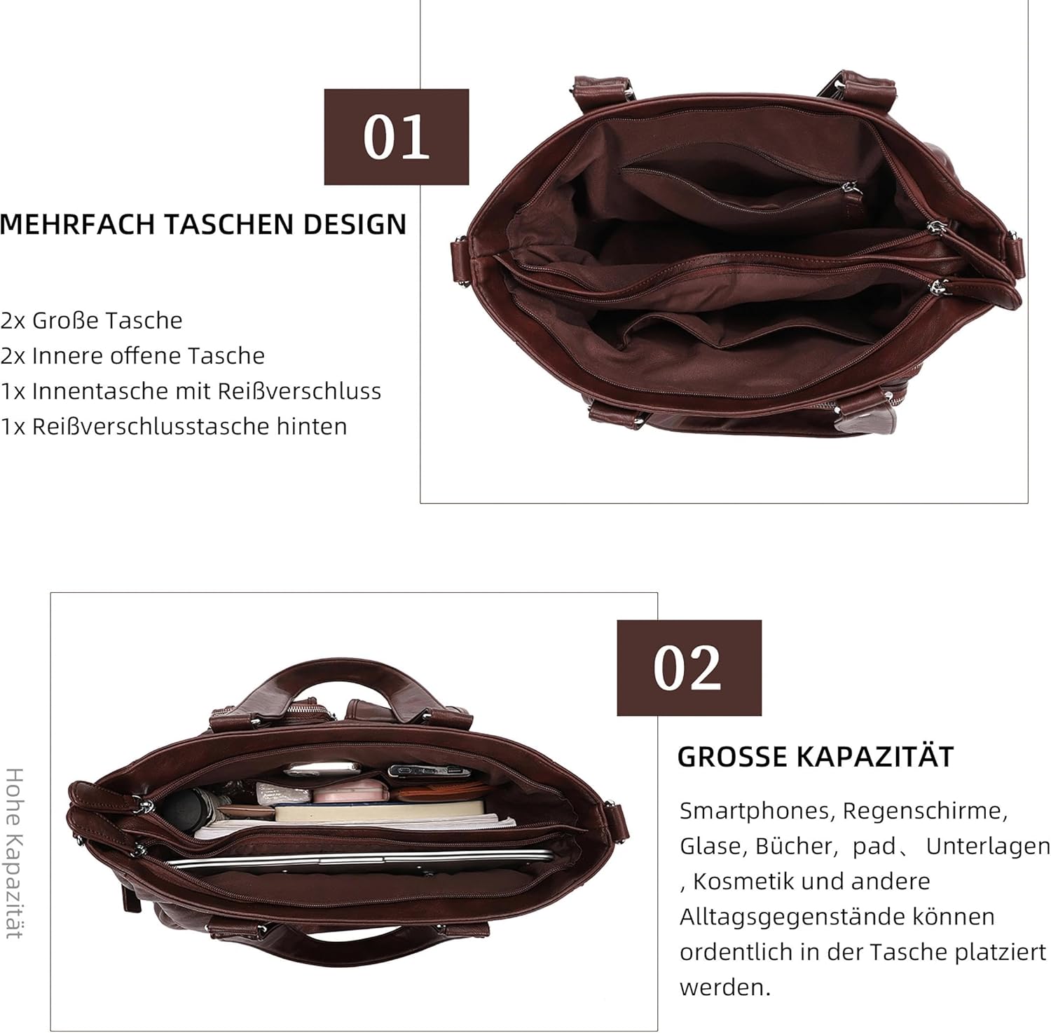 Thumbnail 5 de KL928 Handtasche Damen Umhängetasche Schultertasche mit vielen Fächern – Kaffee