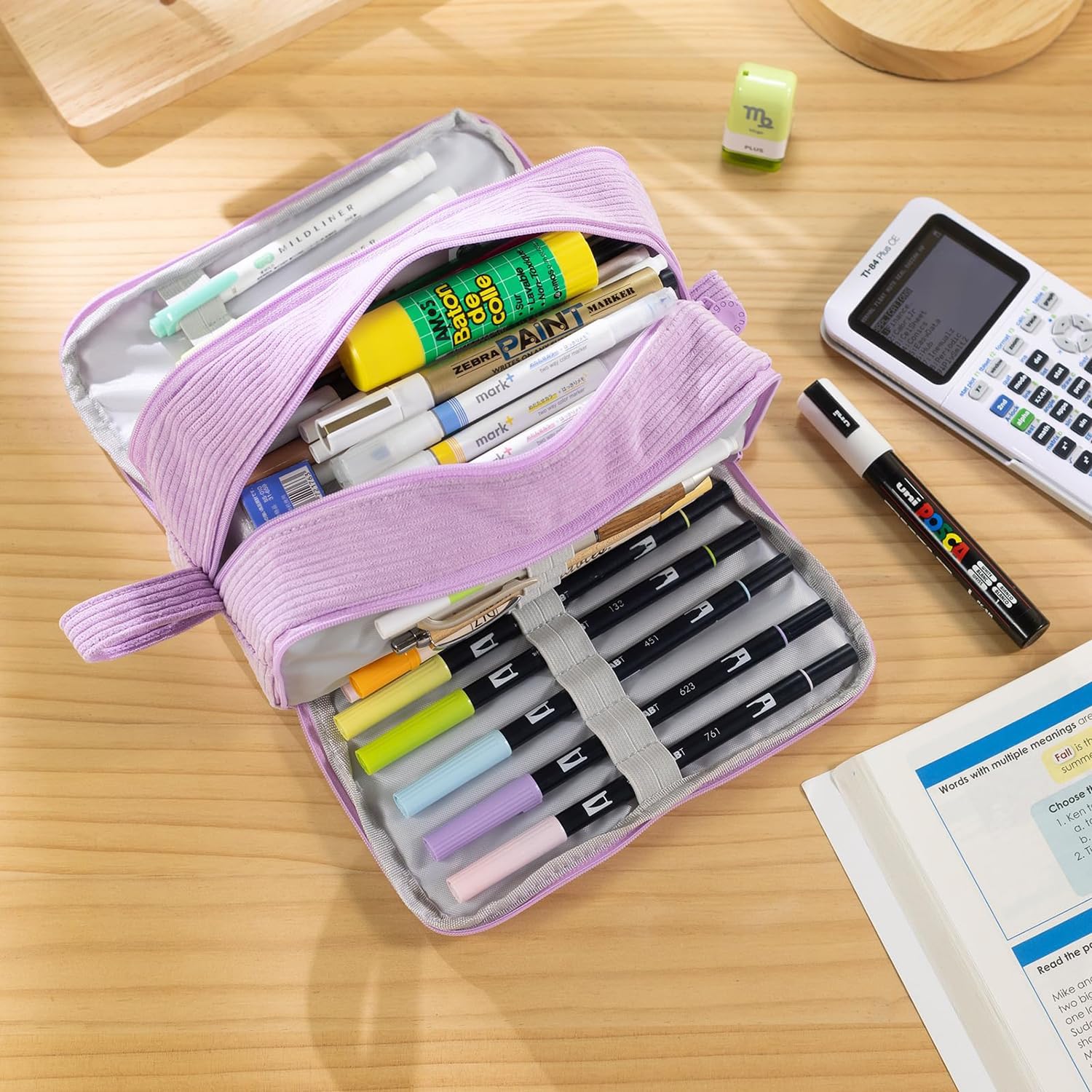 Detalle de VICDUEKG Federmäppchen aus Cord-Stoff mit 3 Fächern (lila) – Stiftetasche für Schule & Büro