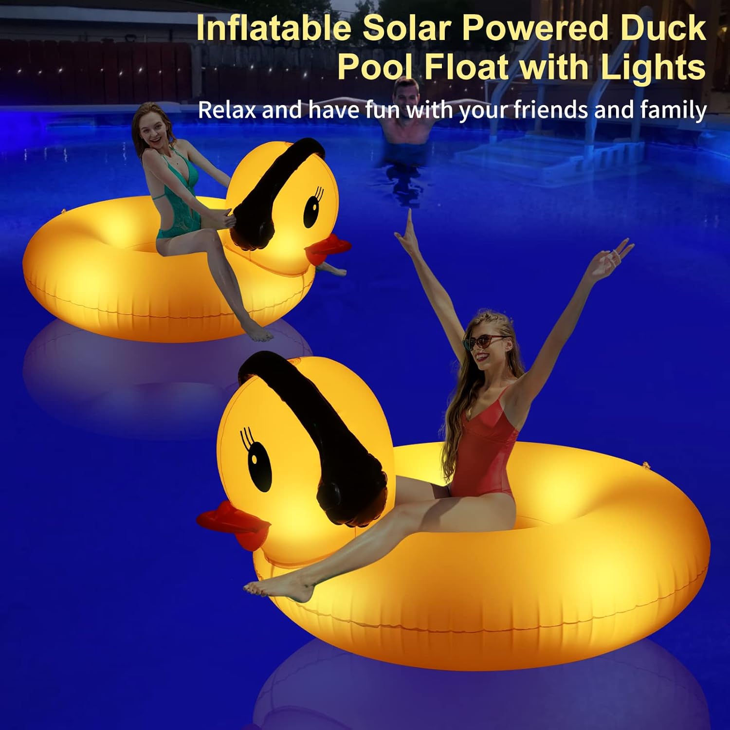 Detalle de DeeprBetter Pool Aufblasbarer Schwimmtier Gelbe Ente mit Licht, Solarbetrieben 107 cm –2-in-1 Poolschwimmer und Leuchte