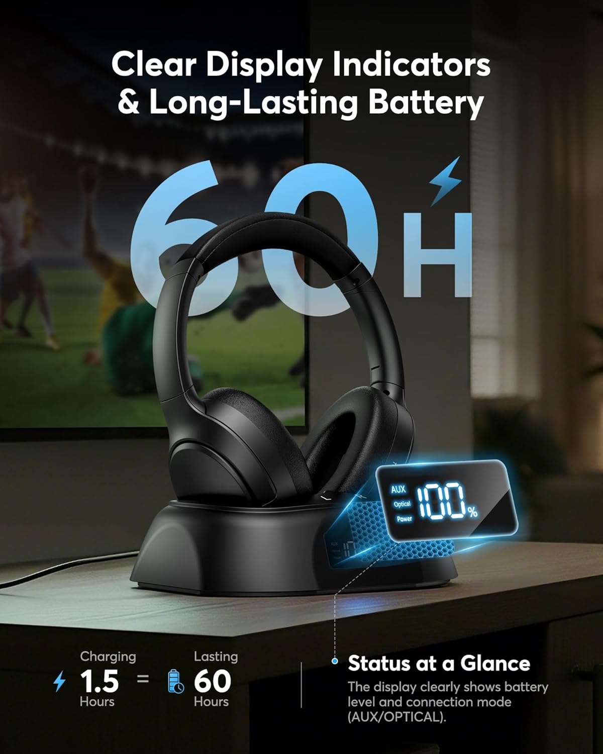 Thumbnail 2 de Doohoeek Wireless TV Headphones (AC141) with Bluetooth 5.3, Charging Dock & Digital Display