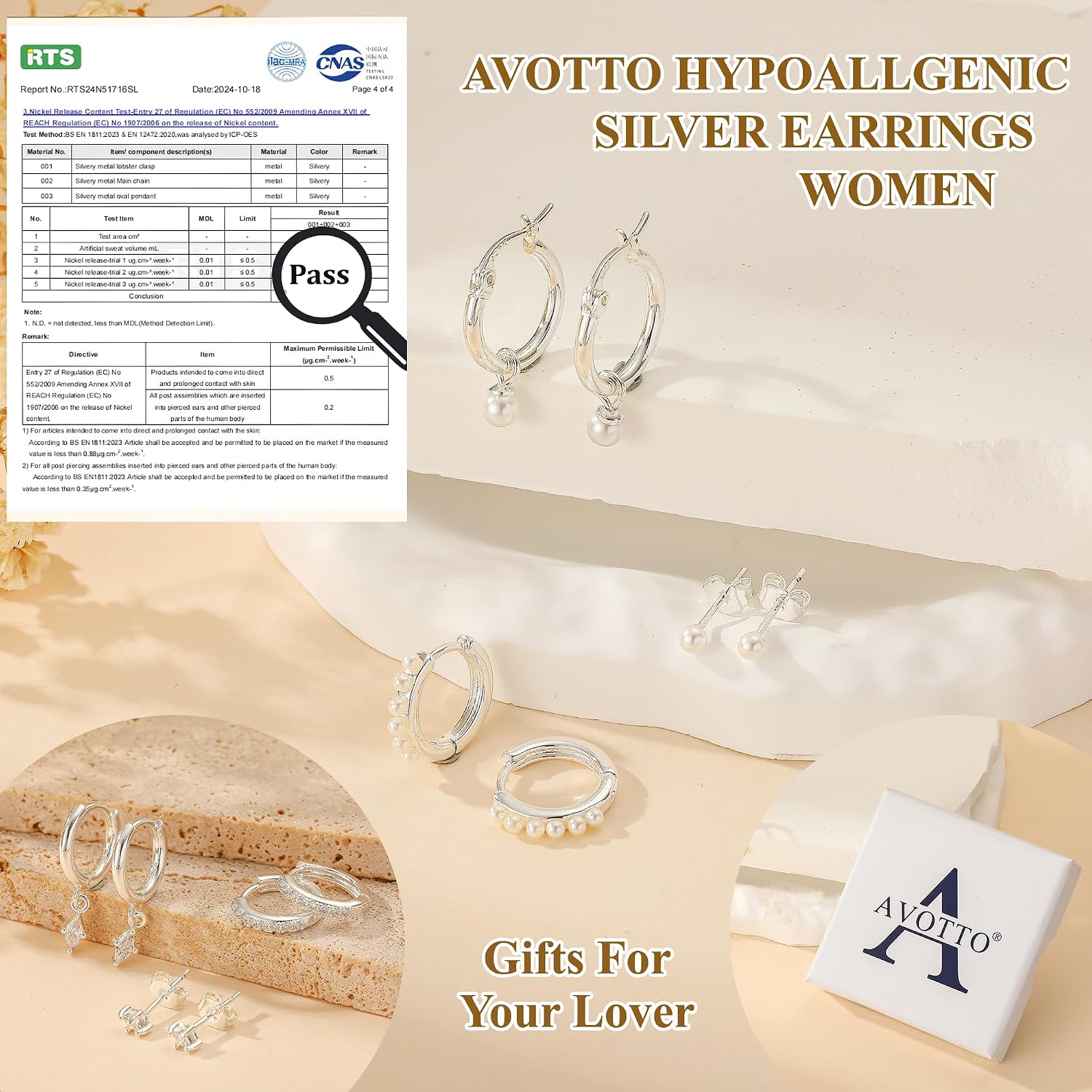 Detalle de AVOTTO 3 Paar Ohrringe Ohrstecker aus Silber 925 mit Zirkonia – hypoallergenes Set für mehrere Piercings