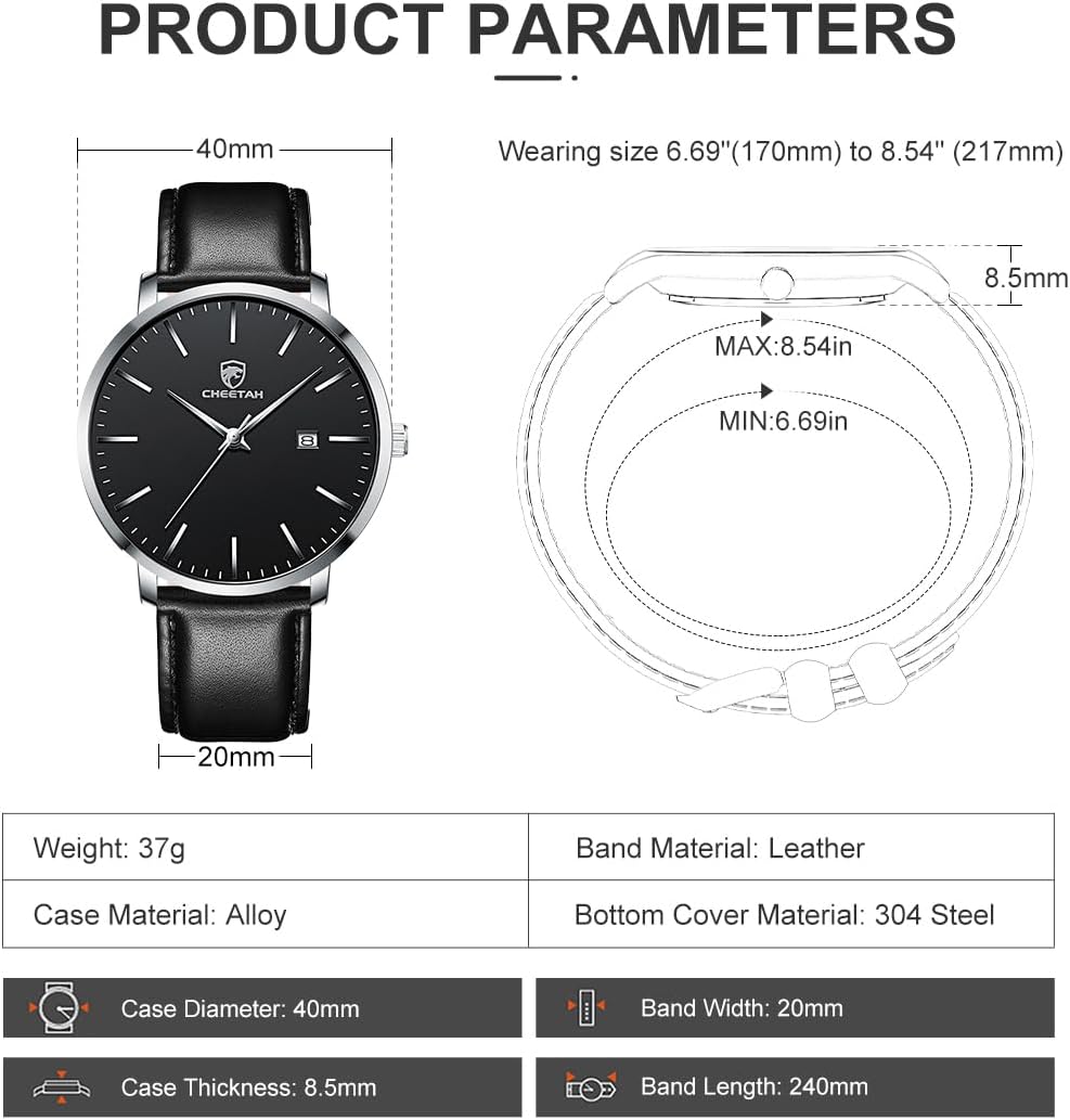 Thumbnail 2 de CHEETAH Minimalistische Herren-Uhr – Analog Quarz, 3 ATM, Lederarmband, Datum