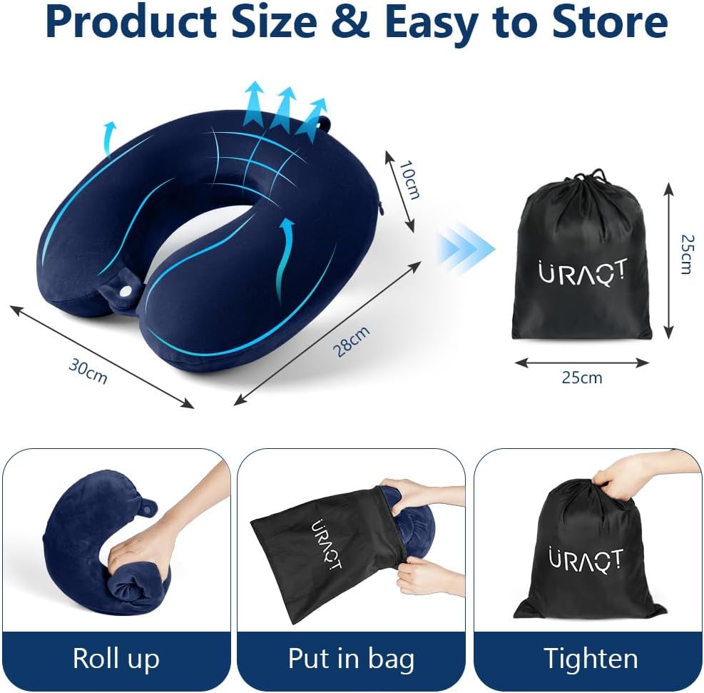 Thumbnail 1 de URAQT Cuscino da Viaggio in Memory Foam a Forma di U – Supporto cervicale portatile Blu Navy