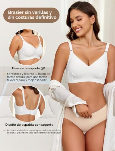 Thumbnail 3 de EIISSION Sujetador sin aros para mujer, sin costuras, con relleno, blanco XL