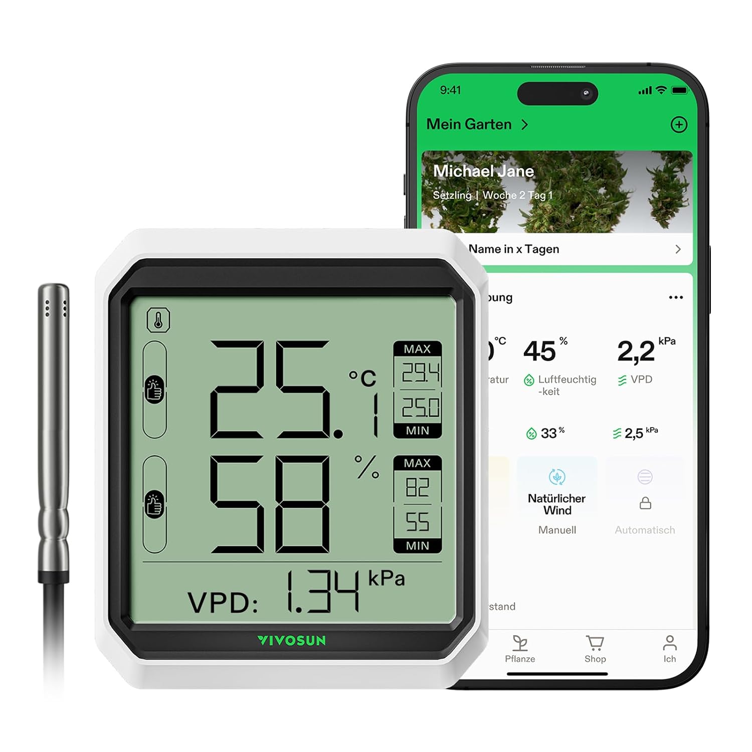 Detalle de VIVOSUN AeroLab THB1S Hygrometer Bluetooth 2 Jahre Speicher