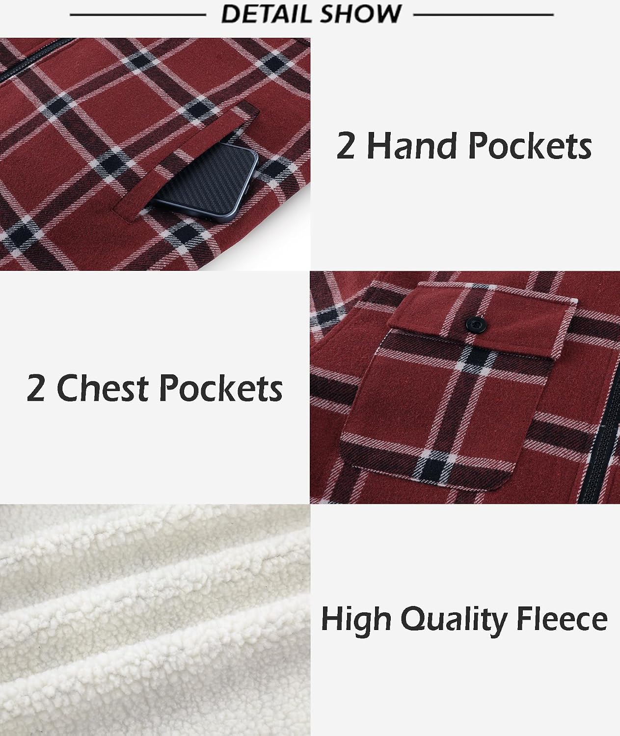 Detalle 2 de SCODI Men's Sherpa-Lined Flannel Shirt Jacket with Hood and Four Pockets
